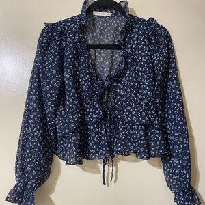 Active USA Navy Floral Ruffle Blouse